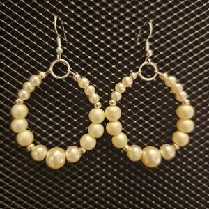 Ivory shiny and matte faux pearl teardrop hoop earrings